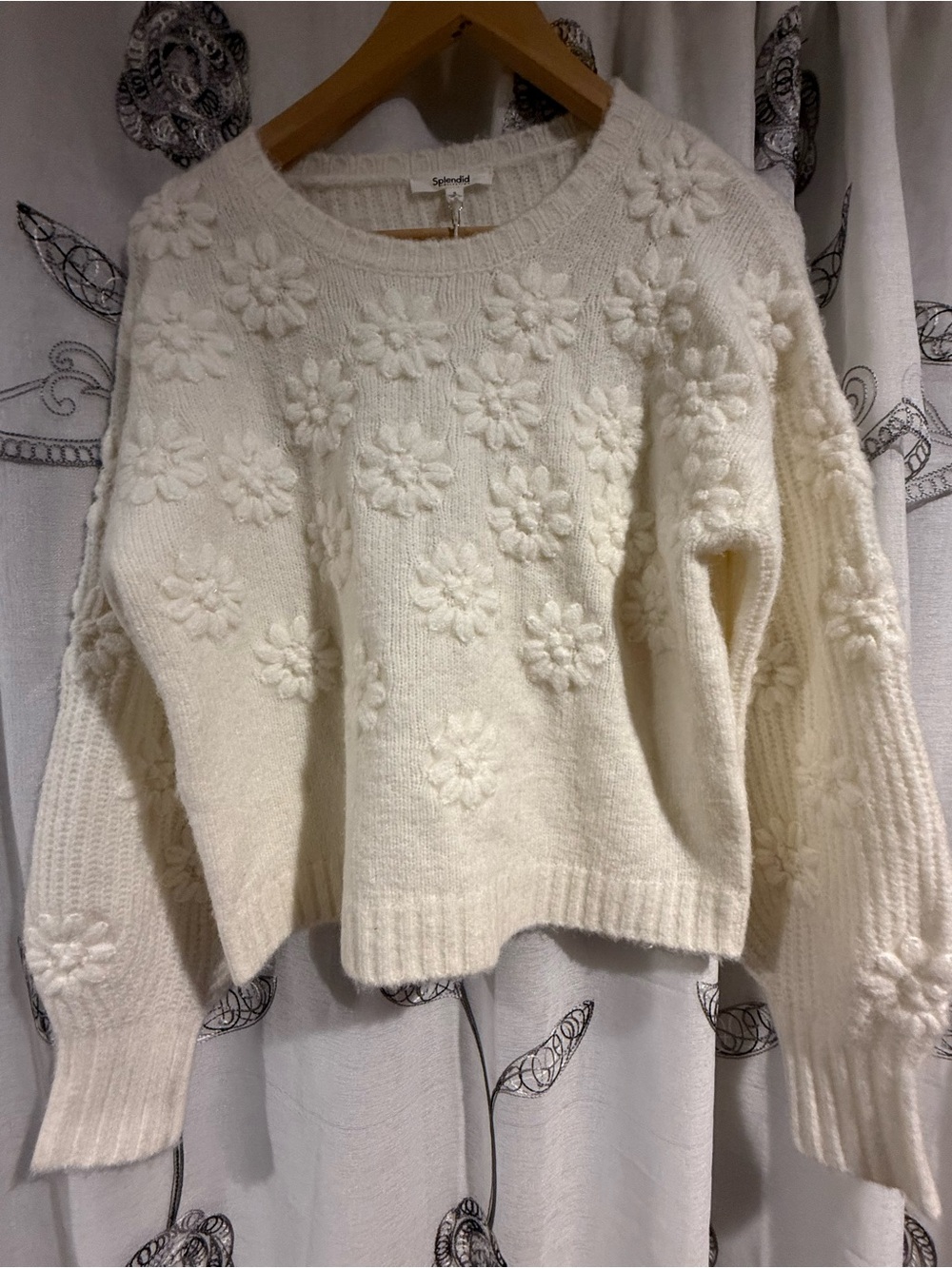 Splendid Off-White 3D Flower Sweater S NWT $198 Chunky Knit Boxy Cropped